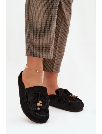 Dámské pantofle Mule s třásněmi a korálky Černé Belissa Dámské pantofle Mule s třásněmi a korálky Černé Belissa