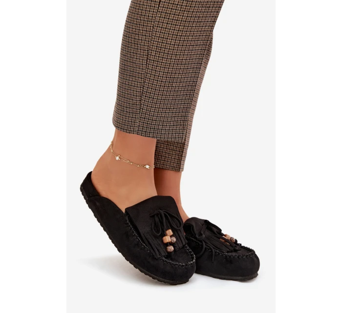 Dámské pantofle Mule s třásněmi a korálky Černé Belissa Dámské pantofle Mule s třásněmi a korálky Černé Belissa