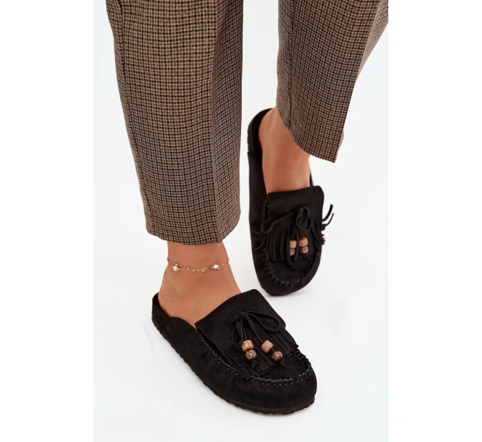 Dámské pantofle Mule s třásněmi a korálky Černé Belissa Dámské pantofle Mule s třásněmi a korálky Černé Belissa