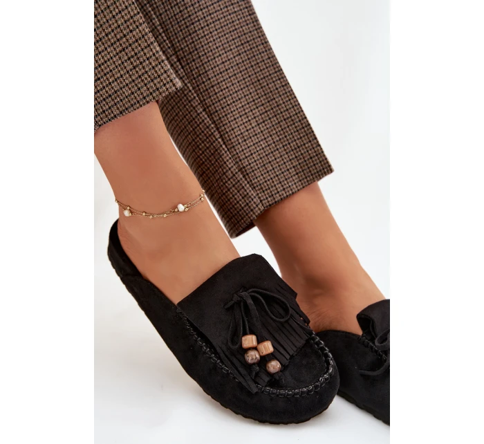 Dámské pantofle Mule s třásněmi a korálky Černé Belissa Dámské pantofle Mule s třásněmi a korálky Černé Belissa