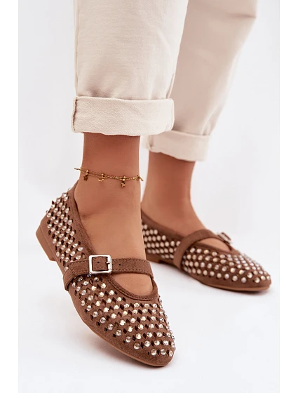 Dámské baleríny s vzorem s kamínky a páskem Hnědé model 21951565 - Boto