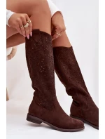 Dámské síťované kozačky na nízkém podpatku S.Barski HY61-8023 Čokoládové