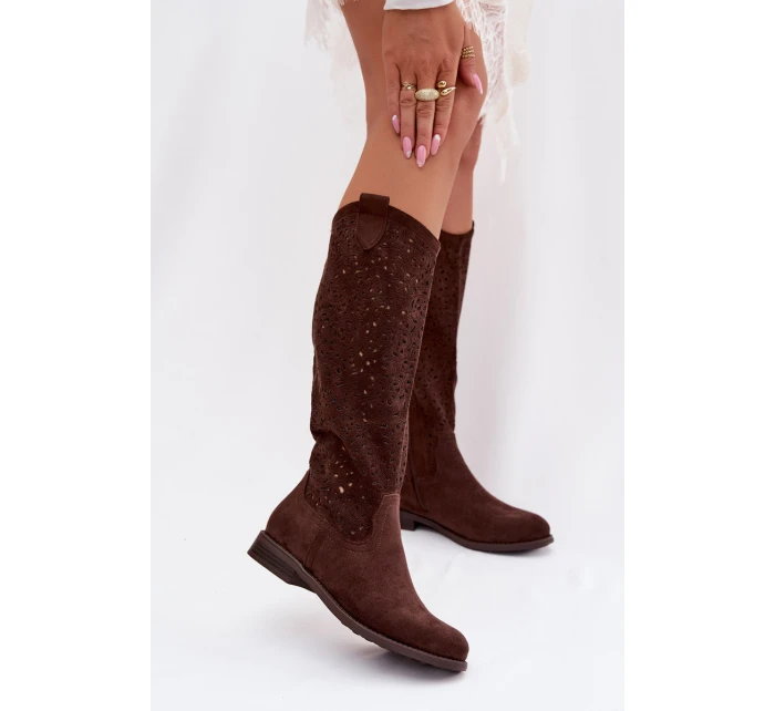 Dámské síťované kozačky na nízkém podpatku S.Barski HY61-8023 Čokoládové Dámské síťované kozačky na nízkém podpatku S.Barski HY61-8023 Čokoládové