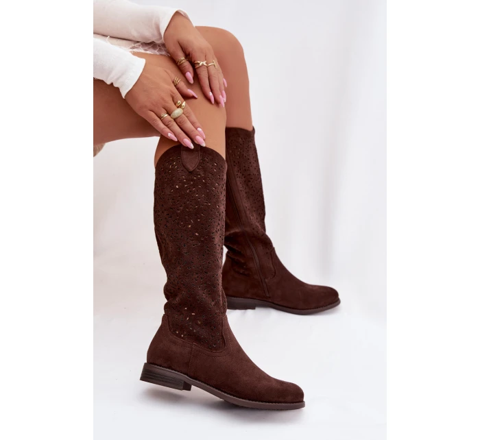 Dámské síťované kozačky na nízkém podpatku S.Barski HY61-8023 Čokoládové Dámské síťované kozačky na nízkém podpatku S.Barski HY61-8023 Čokoládové