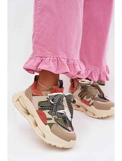 Kožené dámské tenisky na platformě model 22031852 Béžové - D&A