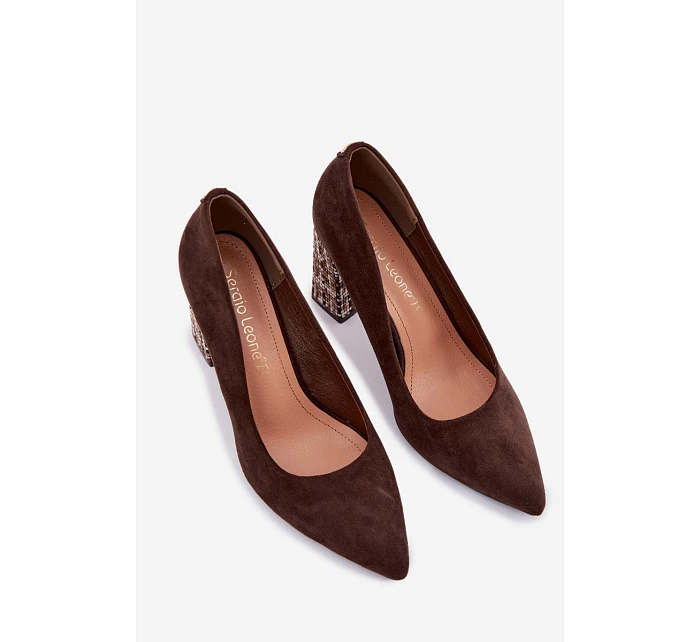 Semišové lodičky na ozdobném sloupku Sergio Leone PB216 Hnědé Semišové lodičky na ozdobném sloupku Sergio Leone PB216 Hnědé