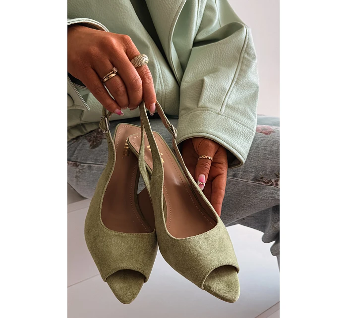 Dámské sandály na jehlovém podpatku Eko semiš zelené Sevina Dámské sandály na jehlovém podpatku Eko semiš zelené Sevina