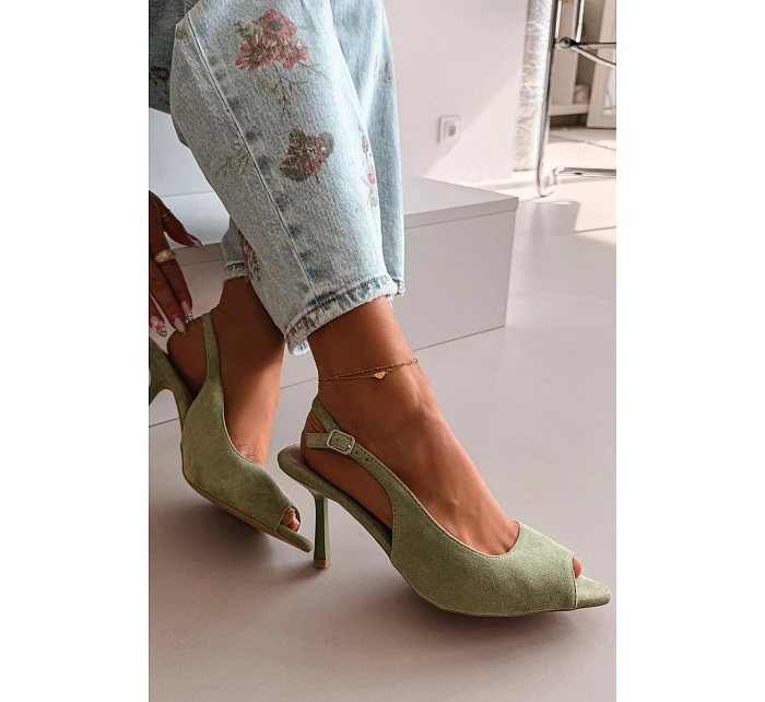 Dámské sandály na jehlovém podpatku Eko semiš zelené Sevina Dámské sandály na jehlovém podpatku Eko semiš zelené Sevina