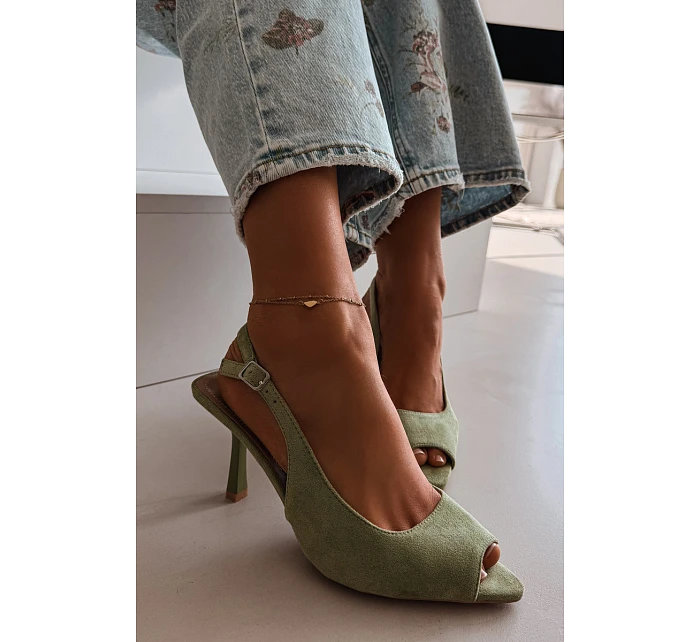 Dámské sandály na jehlovém podpatku Eko semiš zelené Sevina Dámské sandály na jehlovém podpatku Eko semiš zelené Sevina