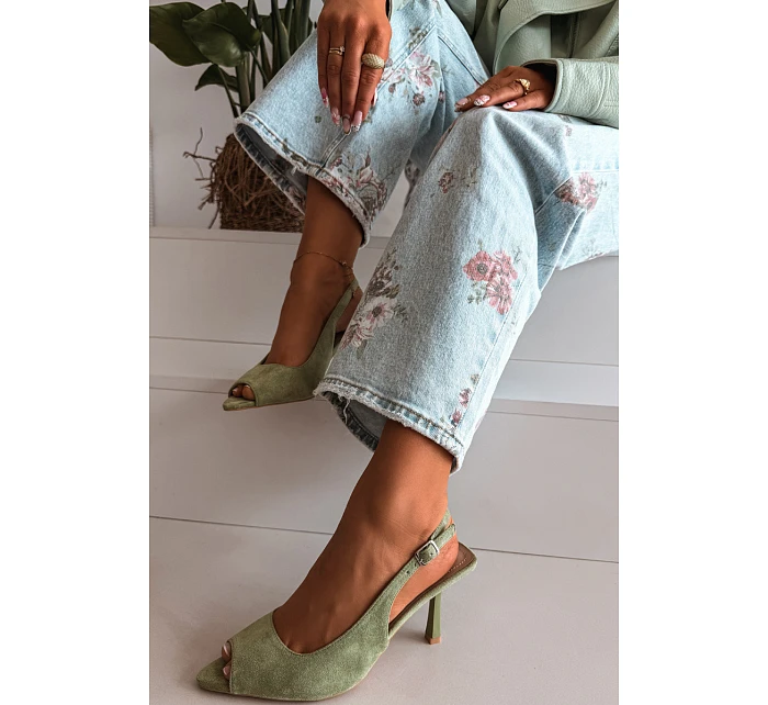 Dámské sandály na jehlovém podpatku Eko semiš zelené Sevina Dámské sandály na jehlovém podpatku Eko semiš zelené Sevina