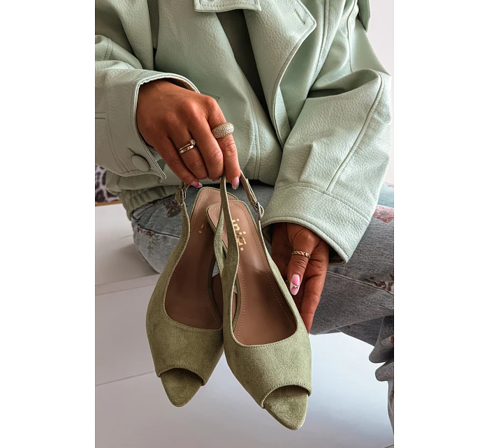 Dámské sandály na jehlovém podpatku Eko semiš zelené Sevina Dámské sandály na jehlovém podpatku Eko semiš zelené Sevina