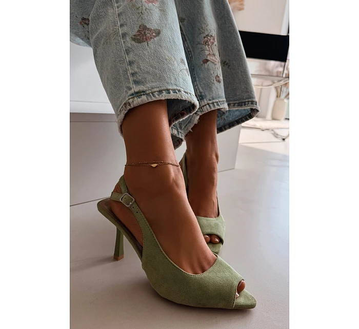 Dámské sandály na jehlovém podpatku Eko semiš zelené Sevina Dámské sandály na jehlovém podpatku Eko semiš zelené Sevina