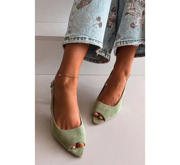 Dámské sandály na jehlovém podpatku Eko semiš zelené Sevina Dámské sandály na jehlovém podpatku Eko semiš zelené Sevina