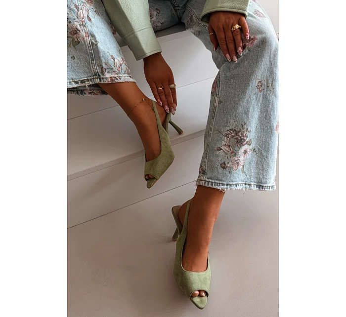 Dámské sandály na jehlovém podpatku Eko semiš zelené Sevina Dámské sandály na jehlovém podpatku Eko semiš zelené Sevina