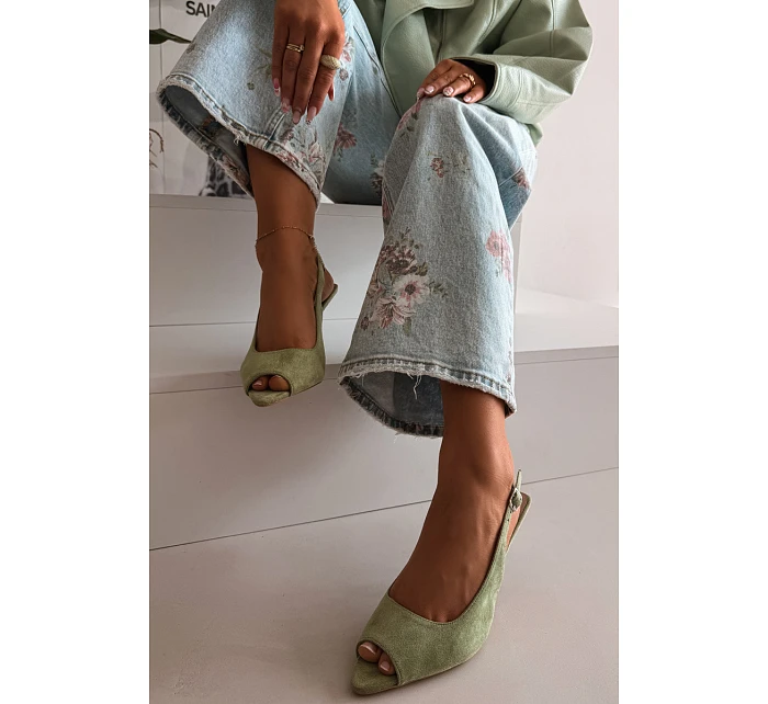 Dámské sandály na jehlovém podpatku Eko semiš zelené Sevina Dámské sandály na jehlovém podpatku Eko semiš zelené Sevina