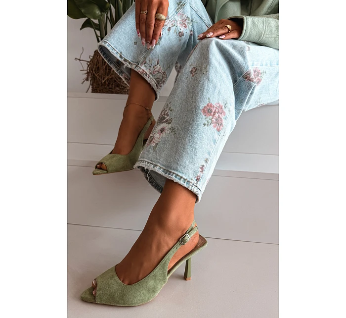 Dámské sandály na jehlovém podpatku Eko semiš zelené Sevina Dámské sandály na jehlovém podpatku Eko semiš zelené Sevina