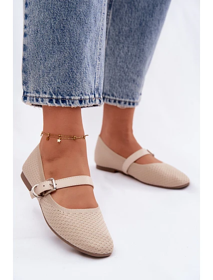 Materiálové Baleríny s Páskem a Přezkou Béžové Jelisa Materiálové Baleríny s Páskem a Přezkou Béžové Jelisa