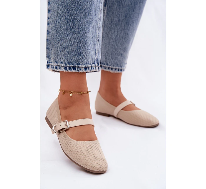 Materiálové Baleríny s Páskem a Přezkou Béžové Jelisa Materiálové Baleríny s Páskem a Přezkou Béžové Jelisa