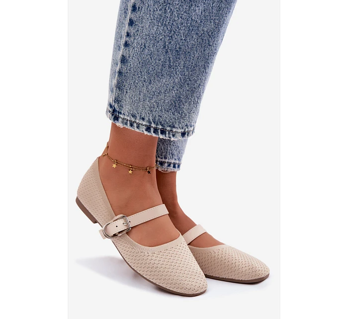 Materiálové Baleríny s Páskem a Přezkou Béžové Jelisa Materiálové Baleríny s Páskem a Přezkou Béžové Jelisa