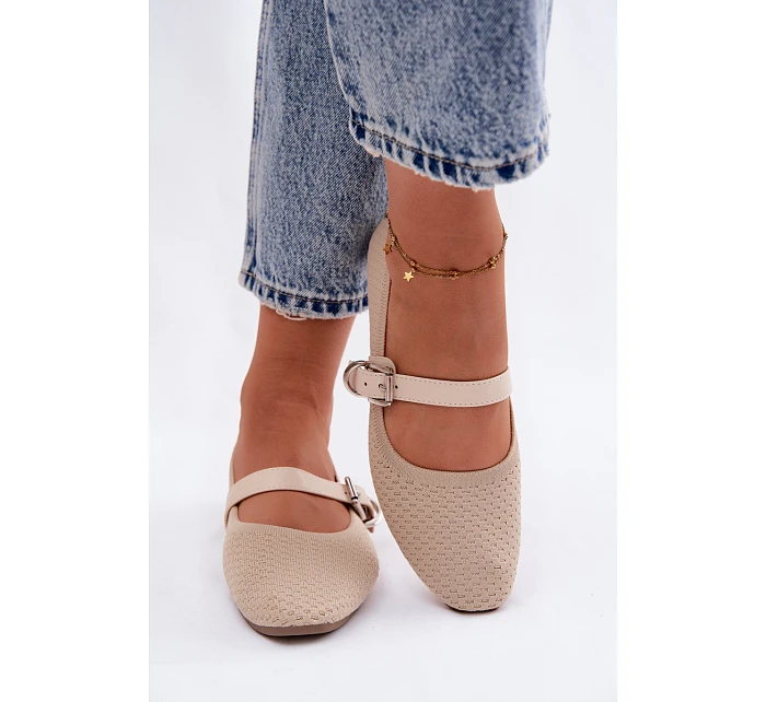 Materiálové Baleríny s Páskem a Přezkou Béžové Jelisa Materiálové Baleríny s Páskem a Přezkou Béžové Jelisa