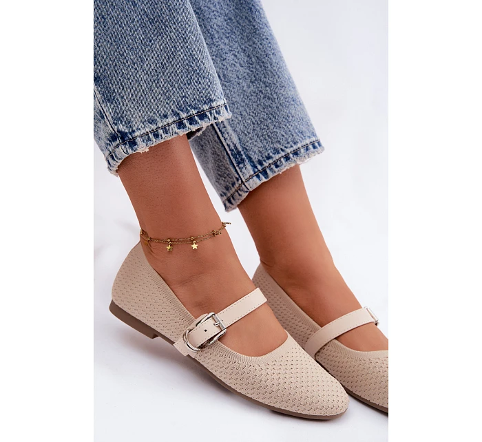 Materiálové Baleríny s Páskem a Přezkou Béžové Jelisa Materiálové Baleríny s Páskem a Přezkou Béžové Jelisa