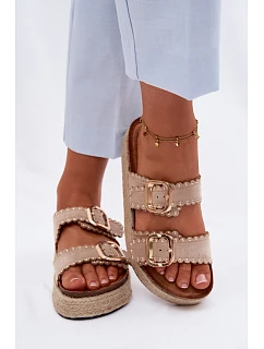 Dámské nazouváky na platformě s pletením zlaté přezky a cvočky béžové