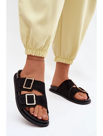 Dámské nazouváky z imitace semiše s zlatými přezkami Černé Selissea Dámské nazouváky z imitace semiše s zlatými přezkami Černé Selissea