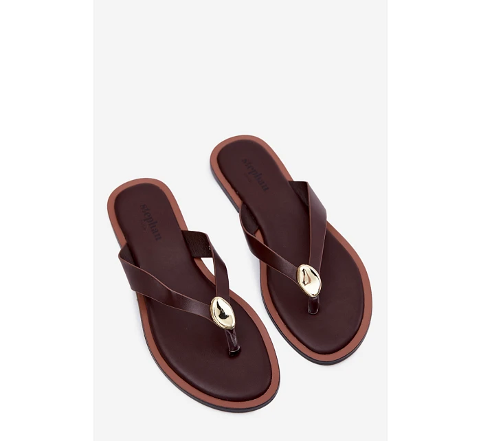 Dámské ploché žabky s zlatým detailem čokoládové Tella Dámské ploché žabky s zlatým detailem čokoládové Tella