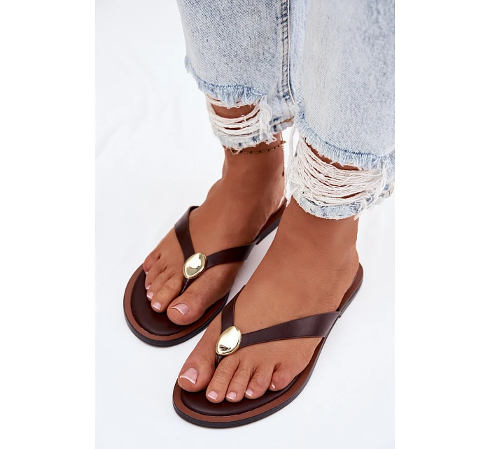 Dámské ploché žabky s zlatým detailem čokoládové Tella Dámské ploché žabky s zlatým detailem čokoládové Tella