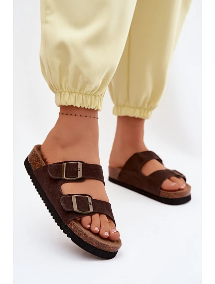 Kožené Semišové Dámské Pantofle S Čokoládové model 22125565 - Boto