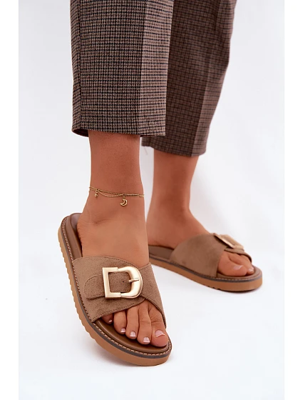 Dámské pantofle s zlatým sponou tmavě béžové Elviane Dámské pantofle s zlatým sponou tmavě béžové Elviane