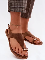 Dámské sandály Ploché S Zlatým Detalem Eko Semiš Hnědé Jelviane