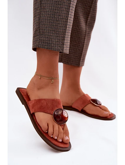 Dámské ploché žabky s ozdobou Eko semiš oranžové Selvessa Dámské ploché žabky s ozdobou Eko semiš oranžové Selvessa