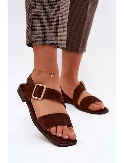 Dámské sandály na ploché podrážce se zlatým přezkou čokoládové Verissea Dámské sandály na ploché podrážce se zlatým přezkou čokoládové Verissea