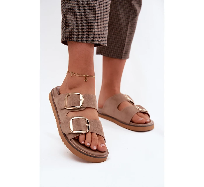 Dámské nazouváky z imitace semiše se zlatými přezkami Khaki Averia Dámské nazouváky z imitace semiše se zlatými přezkami Khaki Averia