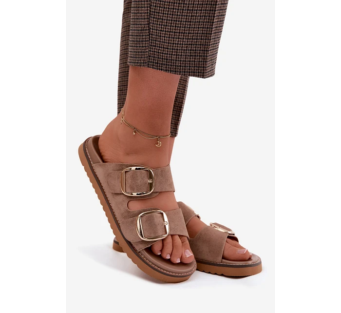 Dámské nazouváky z imitace semiše se zlatými přezkami Khaki Averia Dámské nazouváky z imitace semiše se zlatými přezkami Khaki Averia