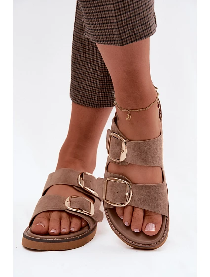 Dámské nazouváky z imitace semiše se zlatými přezkami Khaki Averia Dámské nazouváky z imitace semiše se zlatými přezkami Khaki Averia