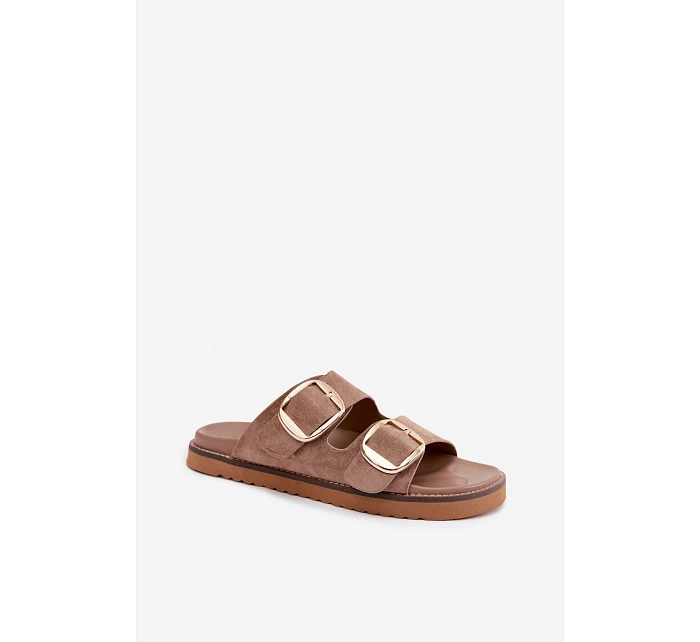 Dámské nazouváky z imitace semiše se zlatými přezkami Khaki Averia Dámské nazouváky z imitace semiše se zlatými přezkami Khaki Averia