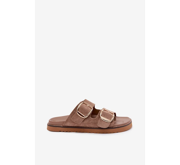 Dámské nazouváky z imitace semiše se zlatými přezkami Khaki Averia Dámské nazouváky z imitace semiše se zlatými přezkami Khaki Averia