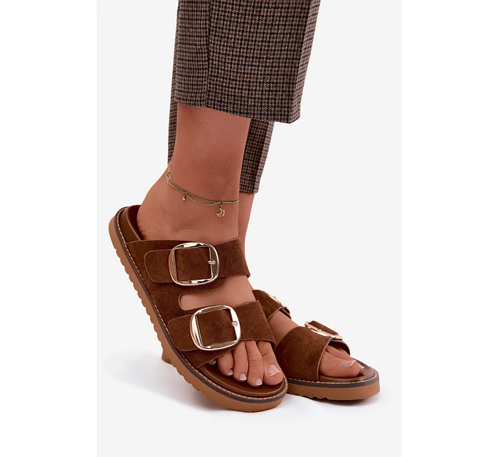 Dámské pantofle z imitace semiše s zlatými přezkami Camel Averia Dámské pantofle z imitace semiše s zlatými přezkami Camel Averia