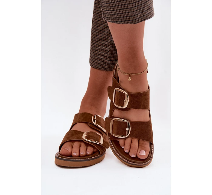 Dámské pantofle z imitace semiše s zlatými přezkami Camel Averia Dámské pantofle z imitace semiše s zlatými přezkami Camel Averia