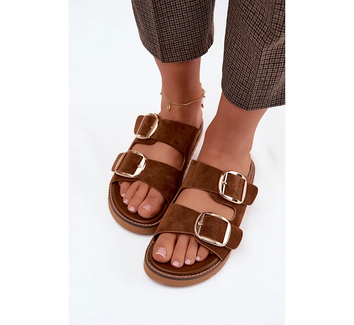 Dámské pantofle z imitace semiše s zlatými přezkami Camel Averia Dámské pantofle z imitace semiše s zlatými přezkami Camel Averia