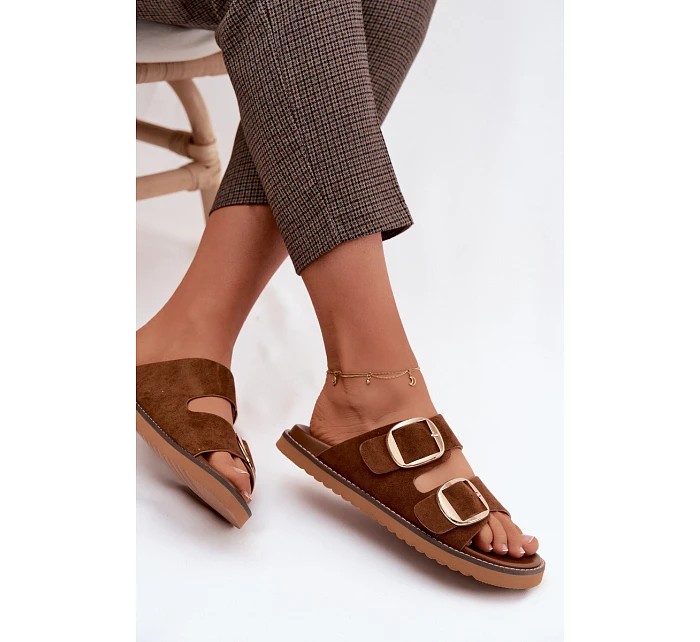 Dámské pantofle z imitace semiše s zlatými přezkami Camel Averia Dámské pantofle z imitace semiše s zlatými přezkami Camel Averia