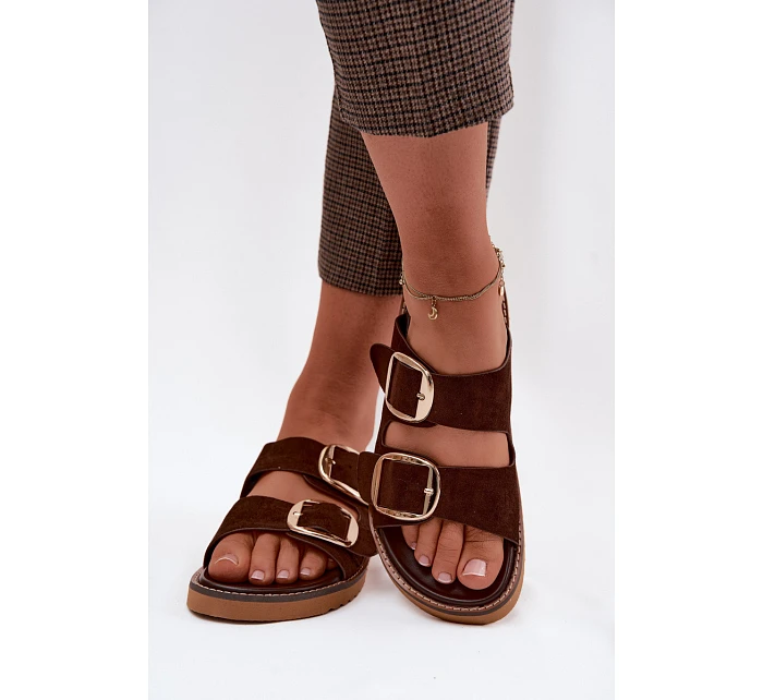 Dámské pantofle z imitace semiše se zlatými přezkami čokoládové Averia Dámské pantofle z imitace semiše se zlatými přezkami čokoládové Averia