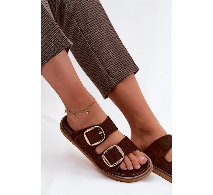 Dámské pantofle z imitace semiše se zlatými přezkami čokoládové Averia Dámské pantofle z imitace semiše se zlatými přezkami čokoládové Averia