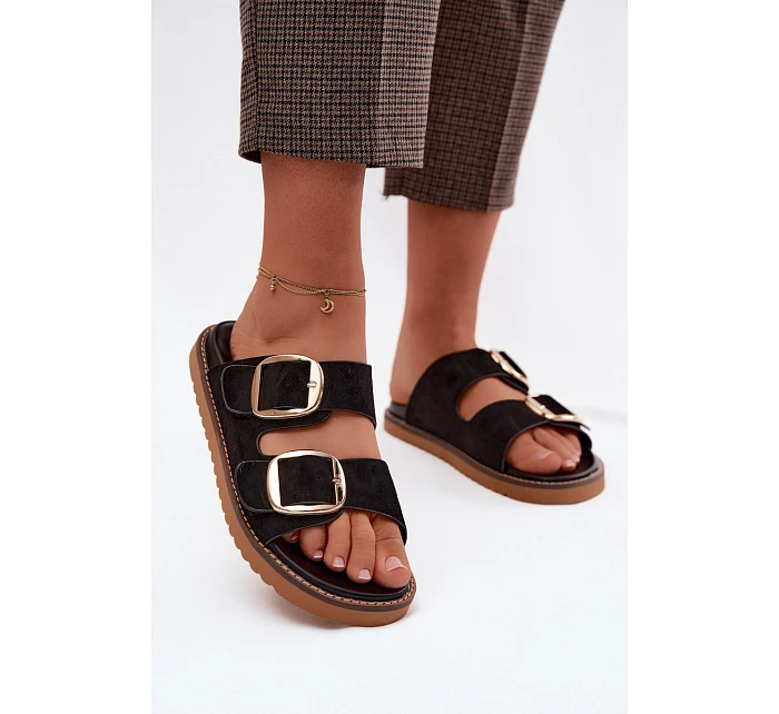 Dámské pantofle z imitace semiše s zlatými přezkami Černé Averia Dámské pantofle z imitace semiše s zlatými přezkami Černé Averia