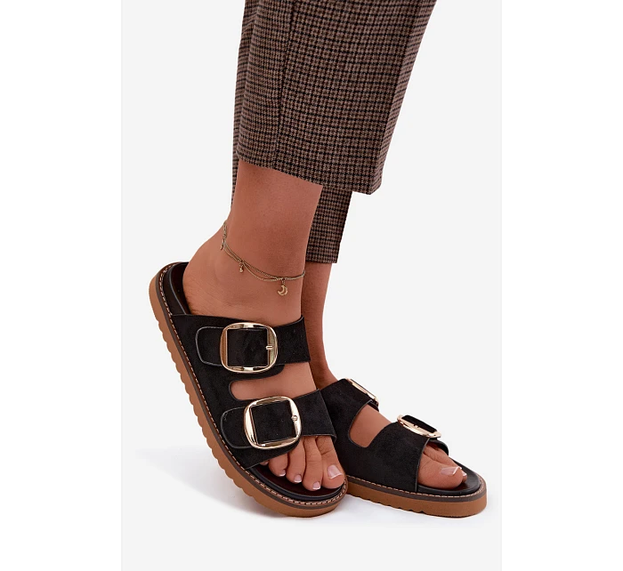 Dámské pantofle z imitace semiše s zlatými přezkami Černé Averia Dámské pantofle z imitace semiše s zlatými přezkami Černé Averia