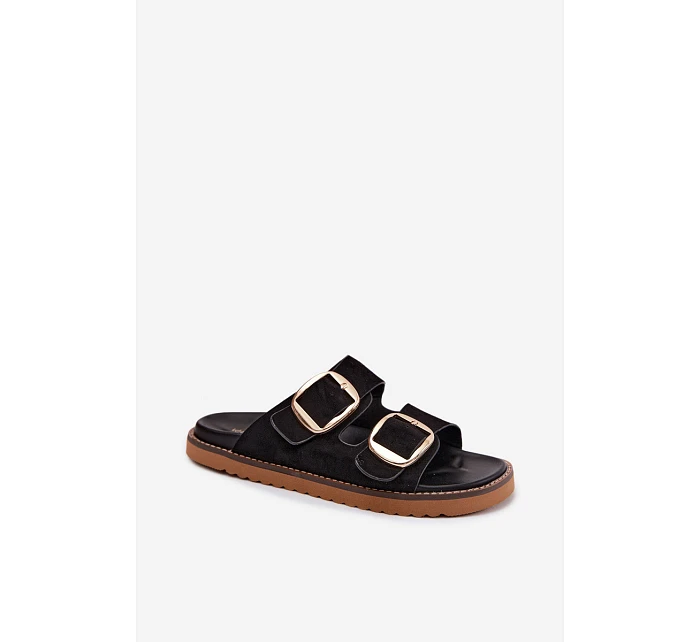 Dámské pantofle z imitace semiše s zlatými přezkami Černé Averia Dámské pantofle z imitace semiše s zlatými přezkami Černé Averia