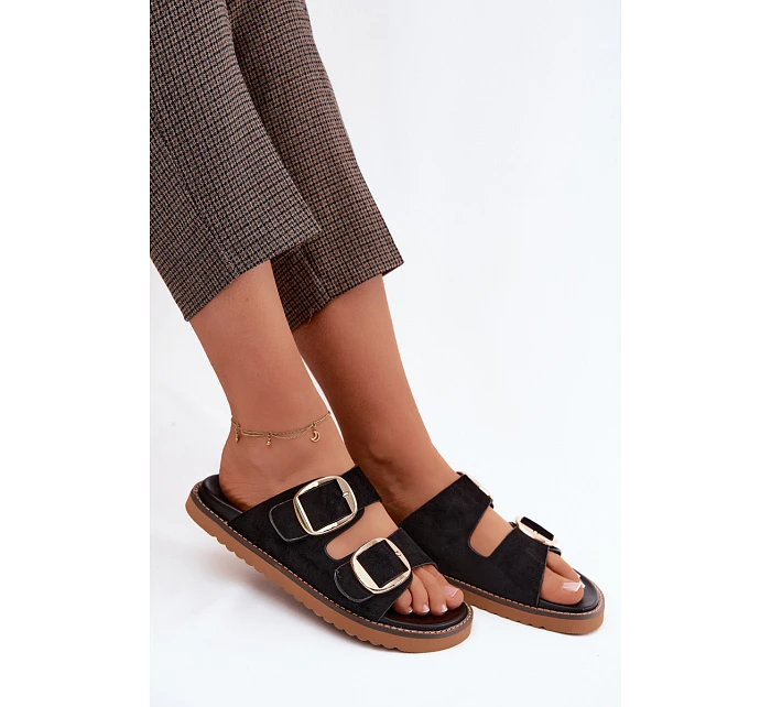 Dámské pantofle z imitace semiše s zlatými přezkami Černé Averia Dámské pantofle z imitace semiše s zlatými přezkami Černé Averia