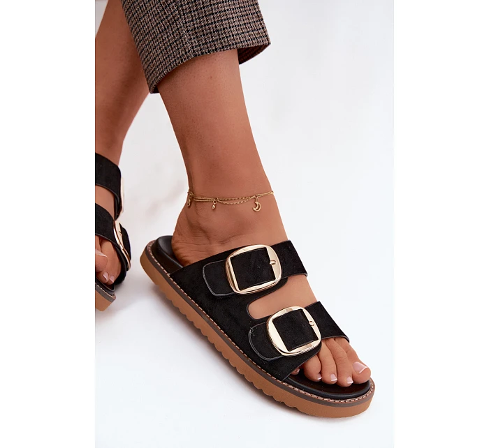 Dámské pantofle z imitace semiše s zlatými přezkami Černé Averia Dámské pantofle z imitace semiše s zlatými přezkami Černé Averia